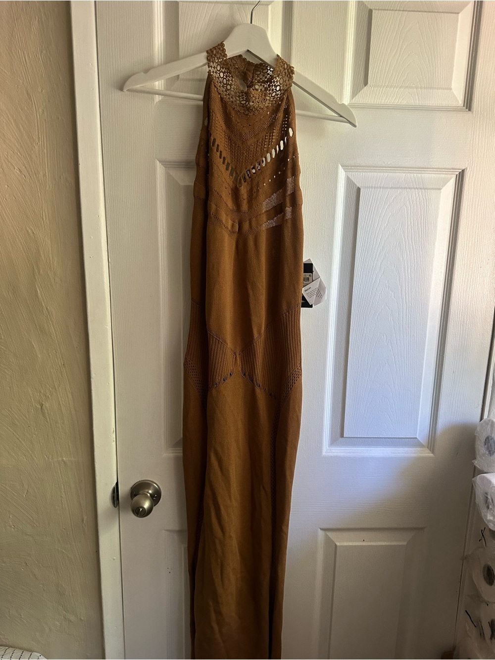 Guess Womenโs Sleeveless Crochet Halter Maxi Dress - Brown